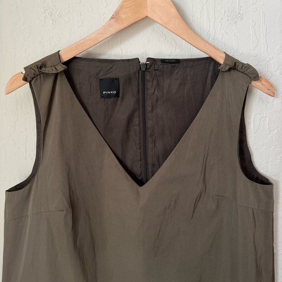 PINKO V-Neck Ruffle Olive Green Brown Sleeveless A-Line Dress Size 6 - Picture 6 of 16